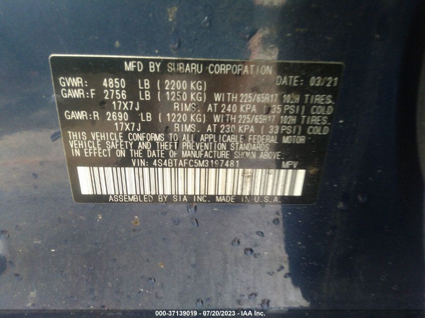 2021 SUBARU OUTBACK PREMIUM - 4S4BTAFC5M3197481