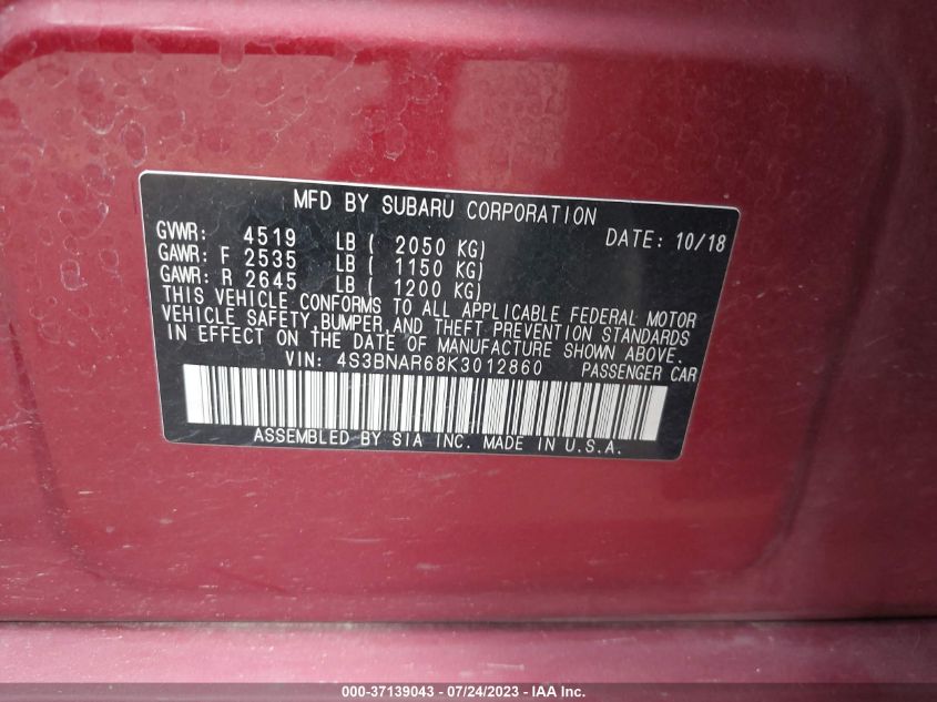2019 SUBARU LEGACY SPORT - 4S3BNAR68K3012860