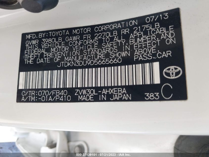 2013 TOYOTA PRIUS ONE/TWO/THREE/FOUR/FIVE - JTDKN3DU9D5665660