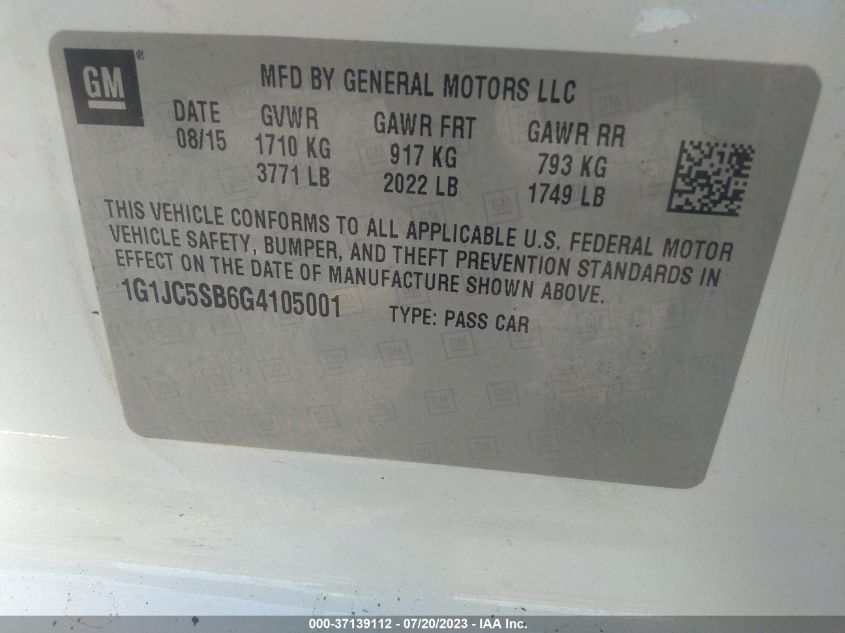 2016 CHEVROLET SONIC LT - 1G1JC5SB6G4105001