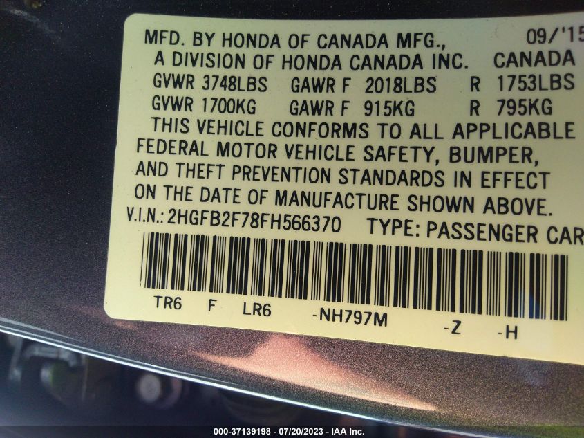 2015 HONDA CIVIC SEDAN SE - 2HGFB2F78FH566370