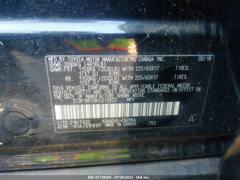 2019 TOYOTA RAV4 XLE - 2T3P1RFVXKC012823