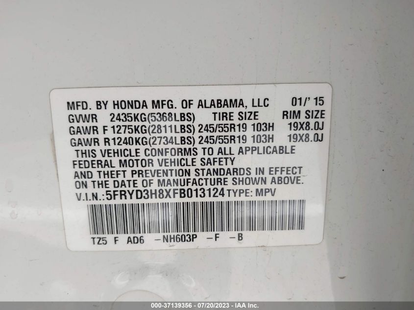 2015 ACURA MDX ADVANCE/ENTERTAINMENT PKG - 5FRYD3H84FD013124