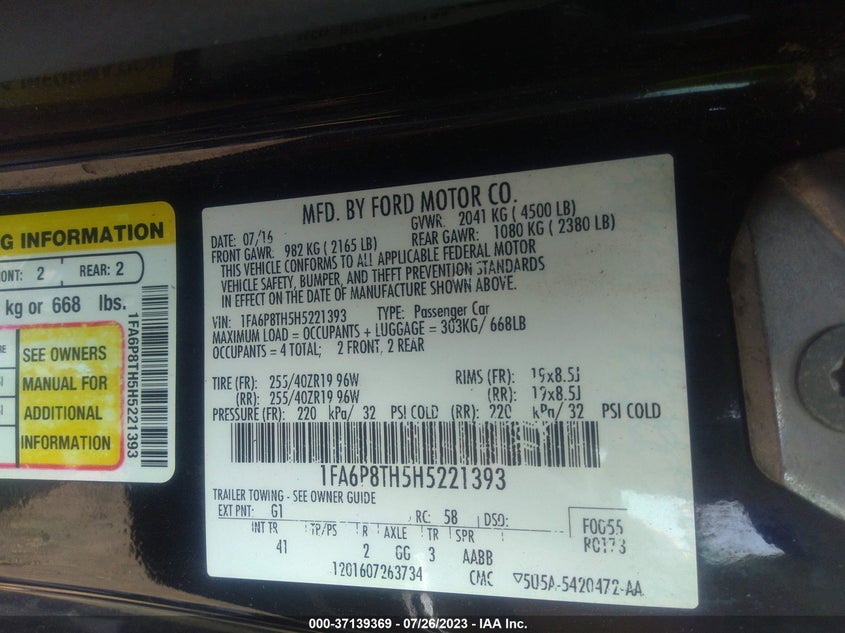 VIN 1FA6P8TH5H5221393 2017 FORD MUSTANG ECOBOOST