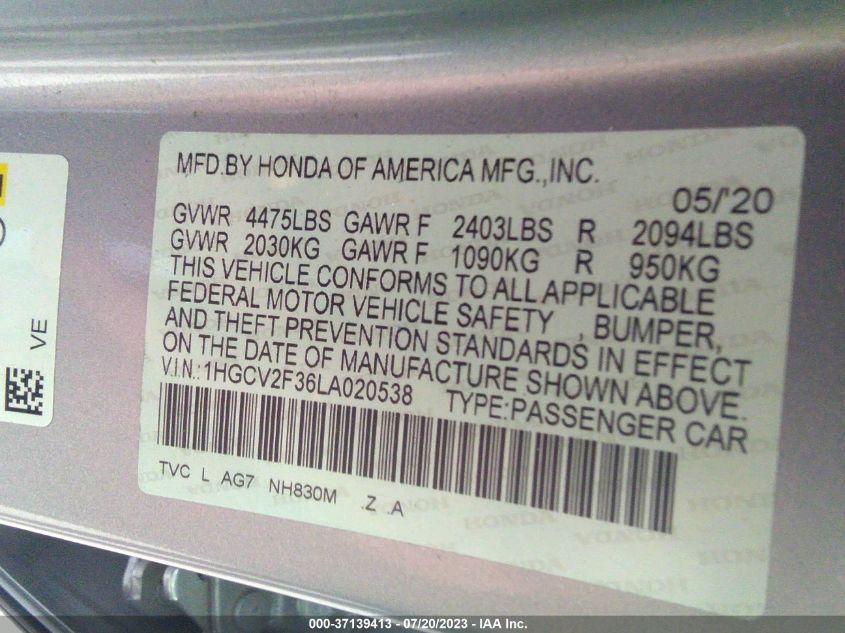 2020 HONDA ACCORD SEDAN SPORT - 1HGCV2F36LA020538