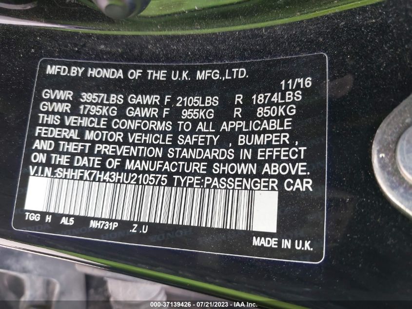 2017 HONDA CIVIC HATCHBACK SPORT - SHHFK7H43HU210575