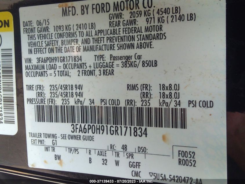 2016 FORD FUSION SE - 3FA6P0H91GR171834