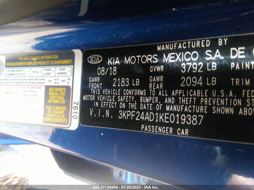 2019 KIA FORTE LXS - 3KPF24AD1KE019387