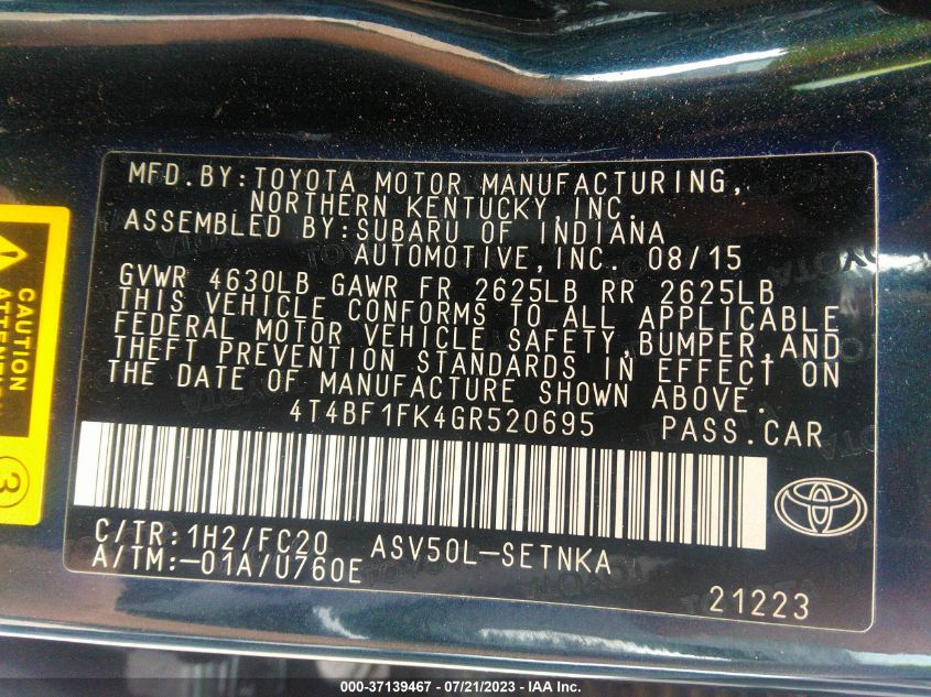 2016 TOYOTA CAMRY XLE/SE/LE/XSE - 4T4BF1FK4GR520695