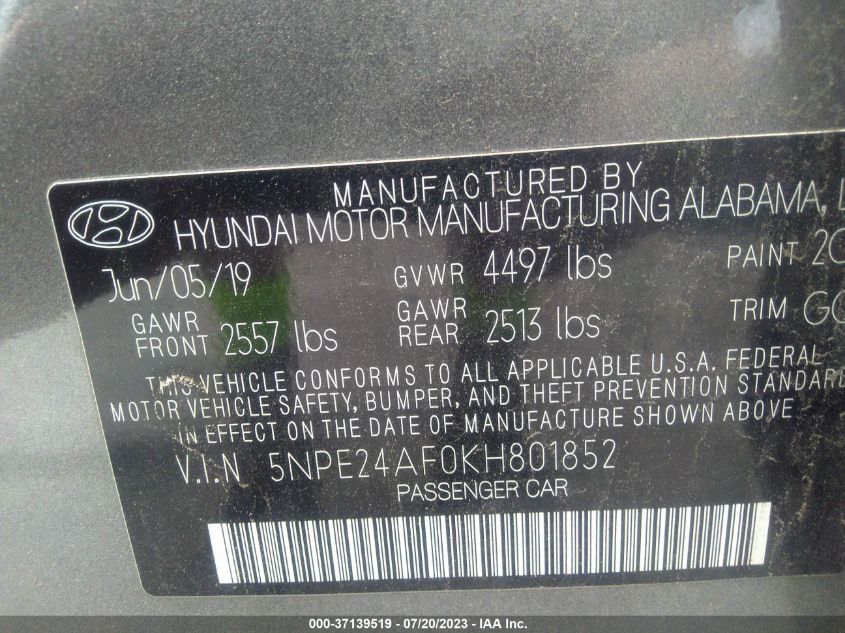 2019 HYUNDAI SONATA SE - 5NPE24AF0KH801852