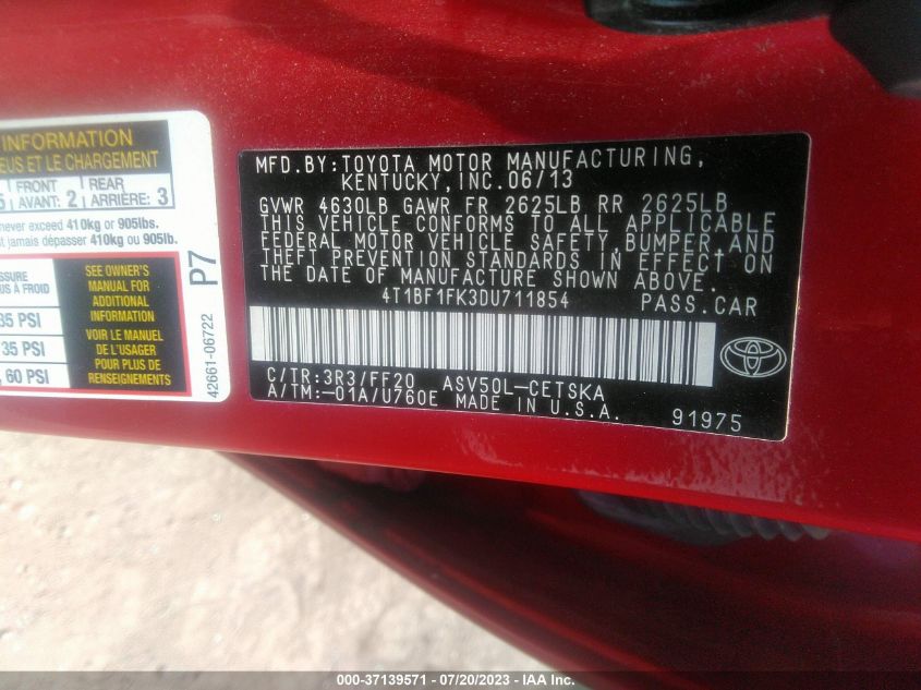 2013 TOYOTA CAMRY L/LE/SE/XLE - 4T1BF1FK3DU711854