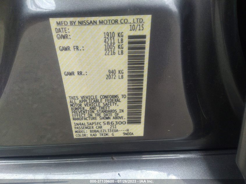 2015 NISSAN ALTIMA 2.5/S/SV/SL - 1N4AL3AP5FC586300