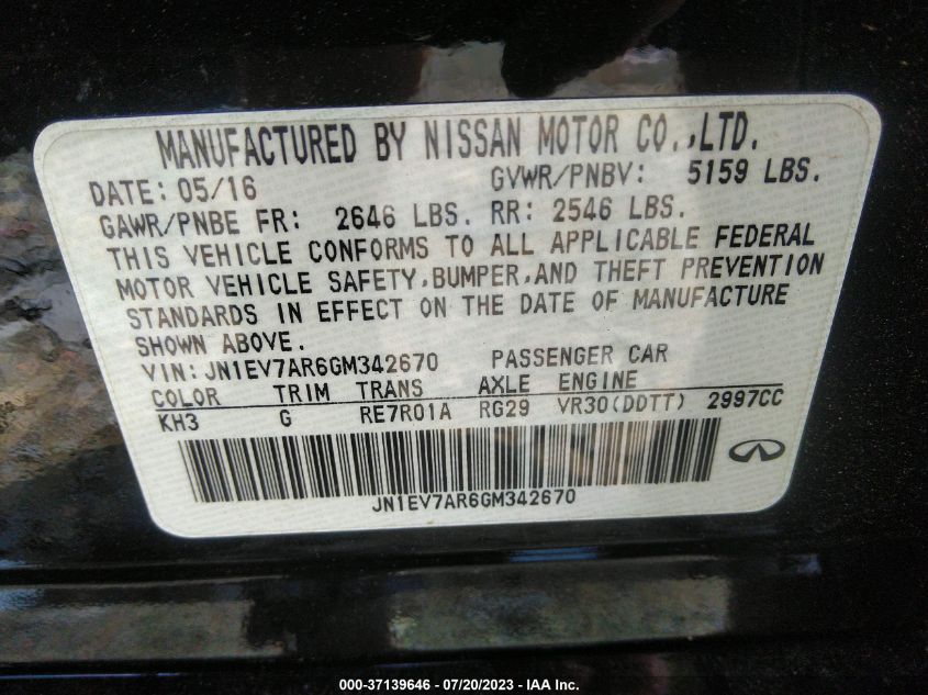 2016 INFINITI Q50 3.0T PREMIUM - JN1EV7AR6GM342670