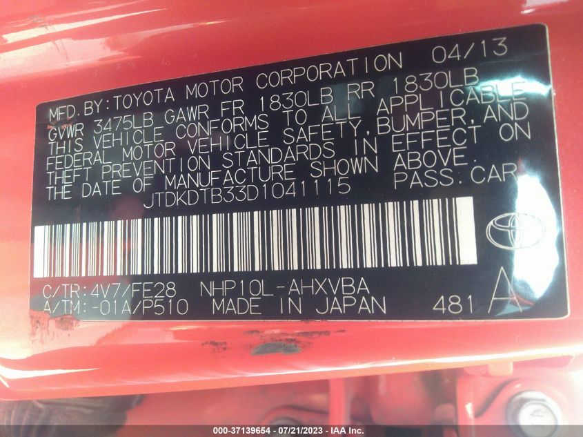 2013 TOYOTA PRIUS C ONE/TWO/THREE/FOUR - JTDKDTB33D1041115