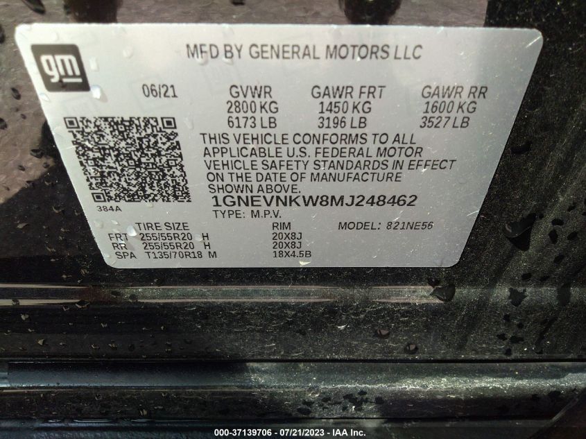 2021 CHEVROLET TRAVERSE HIGH COUNTRY - 1GNEVNKW8MJ248462