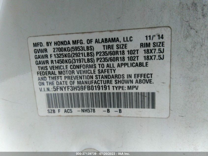 2015 HONDA PILOT EX-L - 5FNYF3H59FB019191