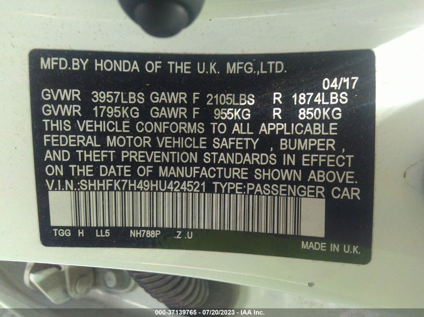 2017 HONDA CIVIC HATCHBACK SPORT - SHHFK7H49HU424521