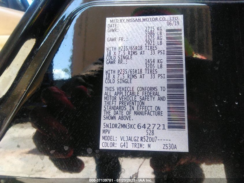 2019 NISSAN PATHFINDER S/SL/SV - 5N1DR2MN3KC642721