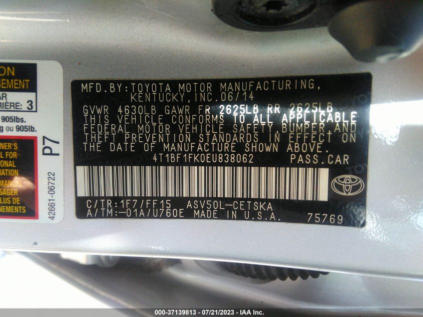 2014 TOYOTA CAMRY L/SE/LE/XLE - 4T1BF1FK0EU838062