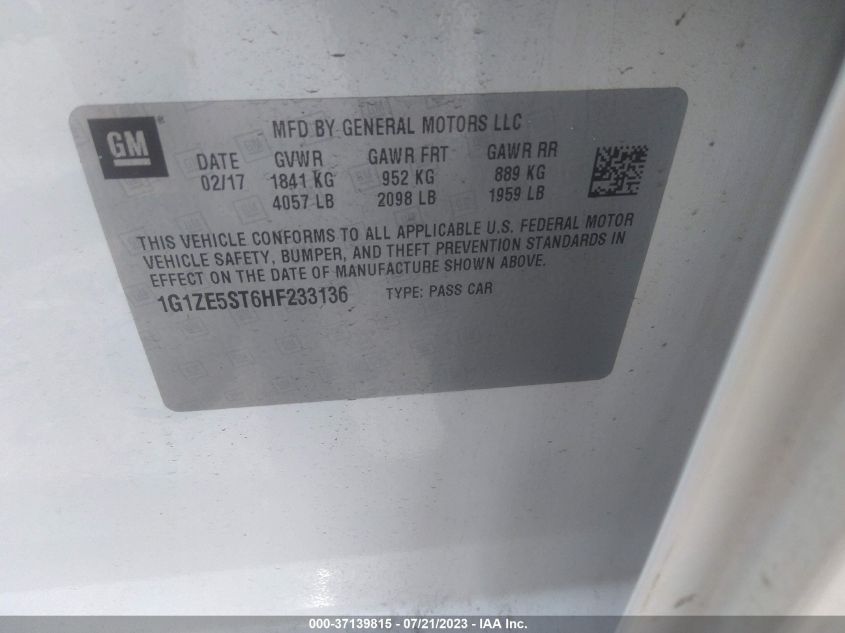 2017 CHEVROLET MALIBU LT - 1G1ZE5ST6HF233136