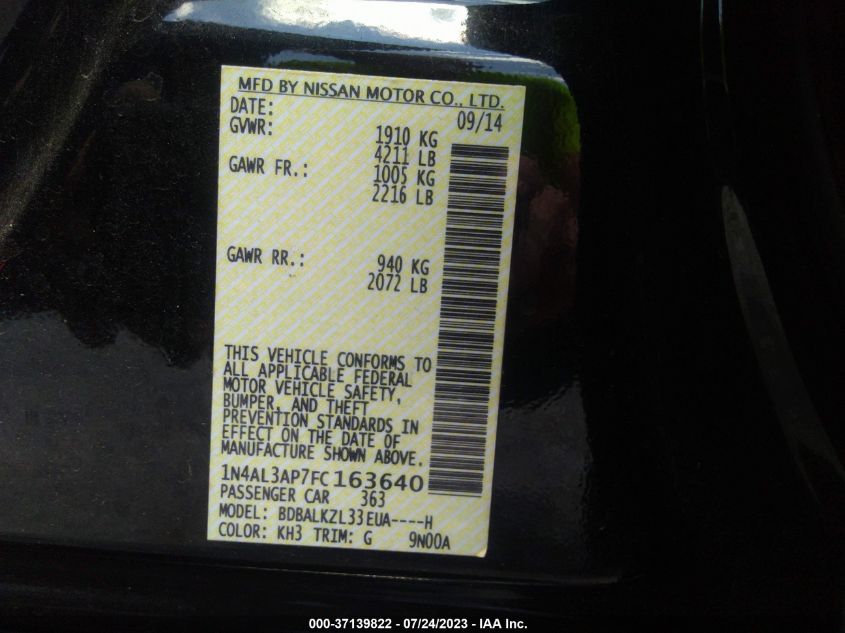 2015 NISSAN ALTIMA 2.5/S/SV/SL - 1N4AL3AP7FC163640