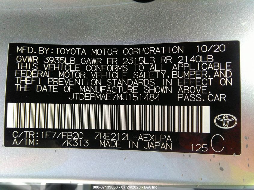 2021 TOYOTA COROLLA LE - JTDEPMAE7MJ151484