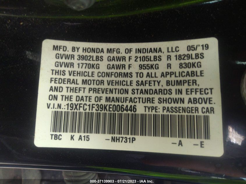 2019 HONDA CIVIC SEDAN EX - 19XFC1F39KE006446