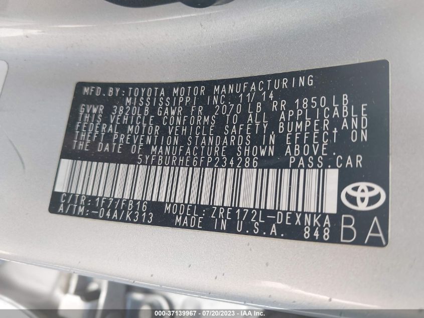 2015 TOYOTA COROLLA L/LE/S/S PLUS/LE PLUS - 5YFBURHE6FP234286