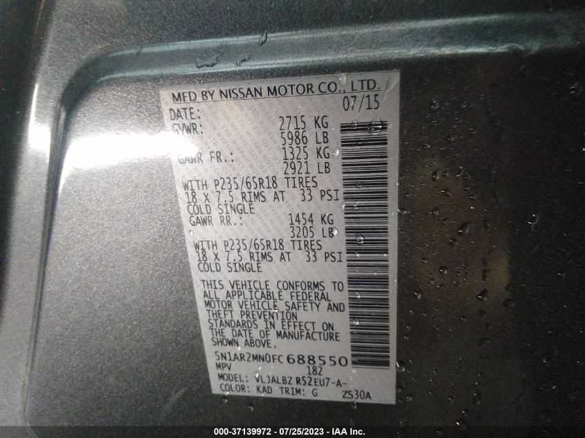 2015 NISSAN PATHFINDER S - 5N1AR2MN0FC688550
