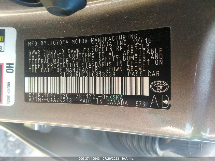 2017 TOYOTA COROLLA L/LE/XLE/SE - 2T1BURHE3HC813738