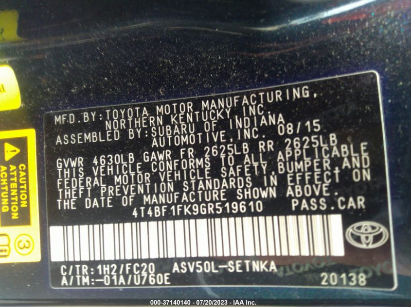 2016 TOYOTA CAMRY XLE/SE/LE/XSE - 4T4BF1FK9GR519610