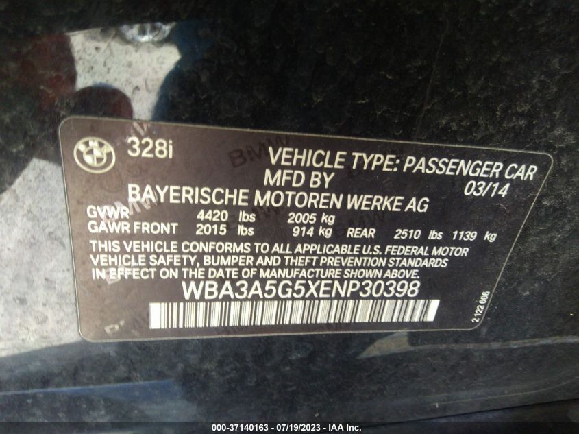 2014 BMW 3 SERIES 328I - WBA3A5G5XENP30398
