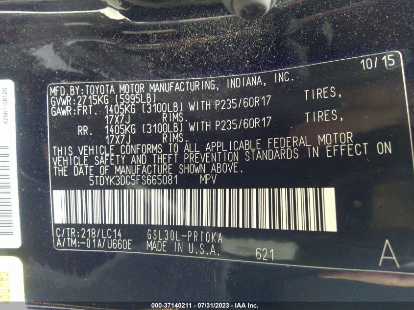 2015 TOYOTA SIENNA XLE/XLE AAS/LTD - 5TDYK3DC5FS665081