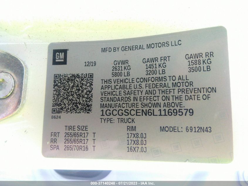 2020 CHEVROLET COLORADO 2WD LT - 1GCGSCEN6L1169579