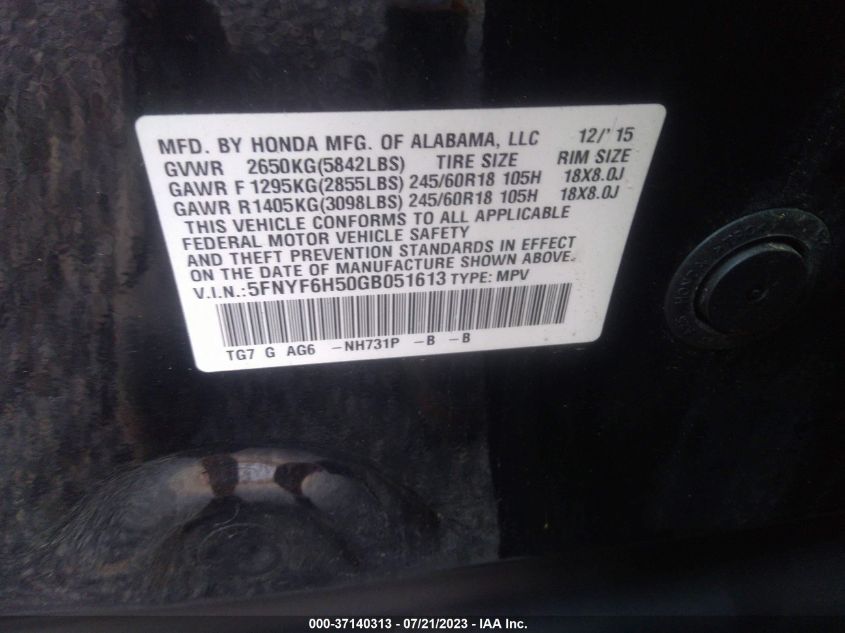 2016 HONDA PILOT EXL - 5FNYF6H50GB051613