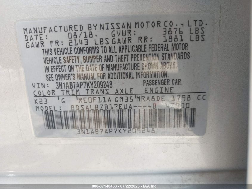 2019 NISSAN SENTRA S/SV/SR/SL - 3N1AB7AP7KY209248