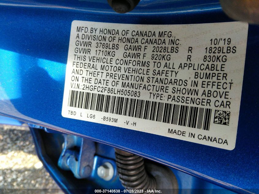2020 HONDA CIVIC SEDAN SPORT - 2HGFC2F86LH505083