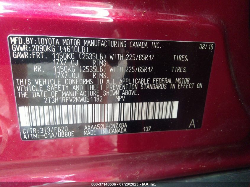 2019 TOYOTA RAV4 LE - 2T3H1RFV2KW051182