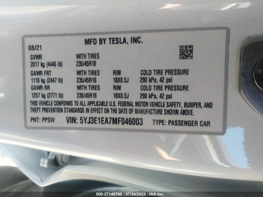 2021 TESLA MODEL 3 STANDARD RANGE PLUS - 5YJ3E1EA7MF046003