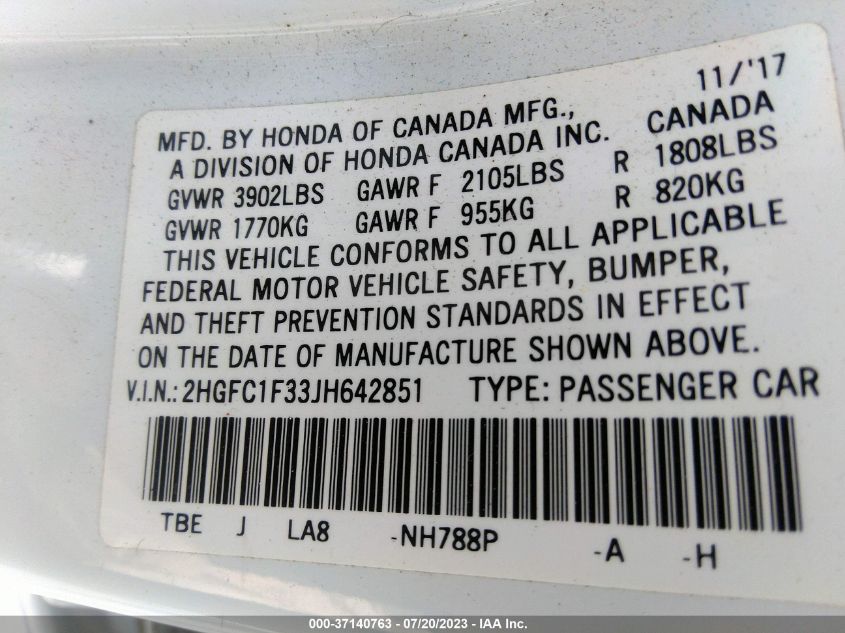 2018 HONDA CIVIC SEDAN EX-T - 2HGFC1F33JH642851
