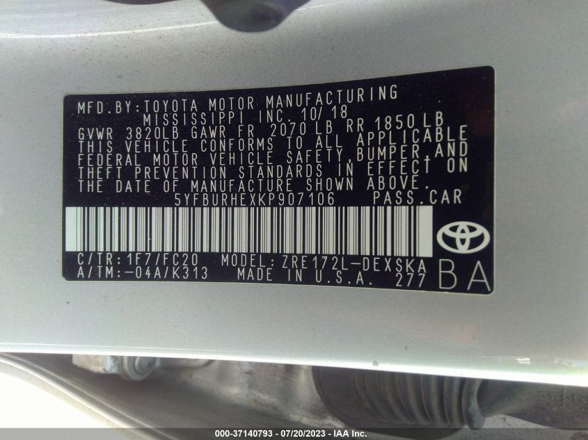 2019 TOYOTA COROLLA L/LE/SE/XLE/XSE - 5YFBURHEXKP907106