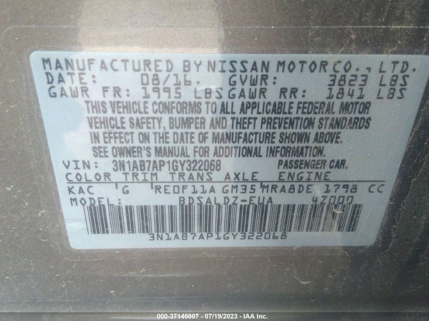 2016 NISSAN SENTRA SV - 3N1AB7AP1GY322068