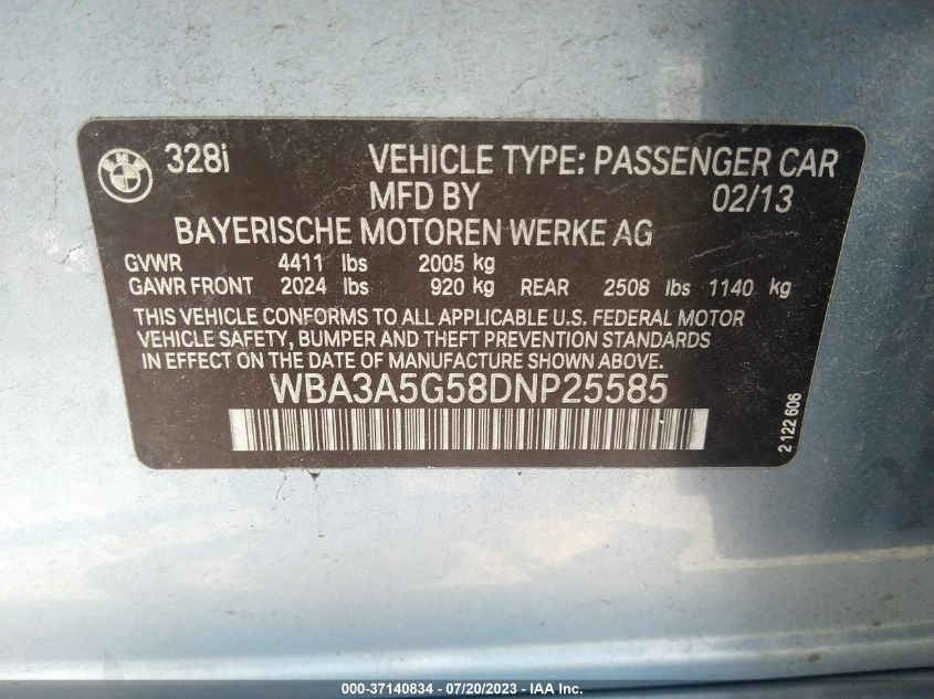 2013 BMW 3 SERIES 328I - WBA3A5G58DNP25585