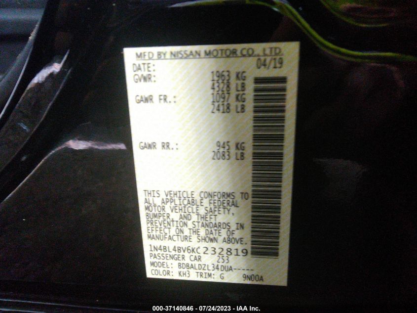 2019 NISSAN ALTIMA 2.5 S - 1N4BL4BV6KC232819