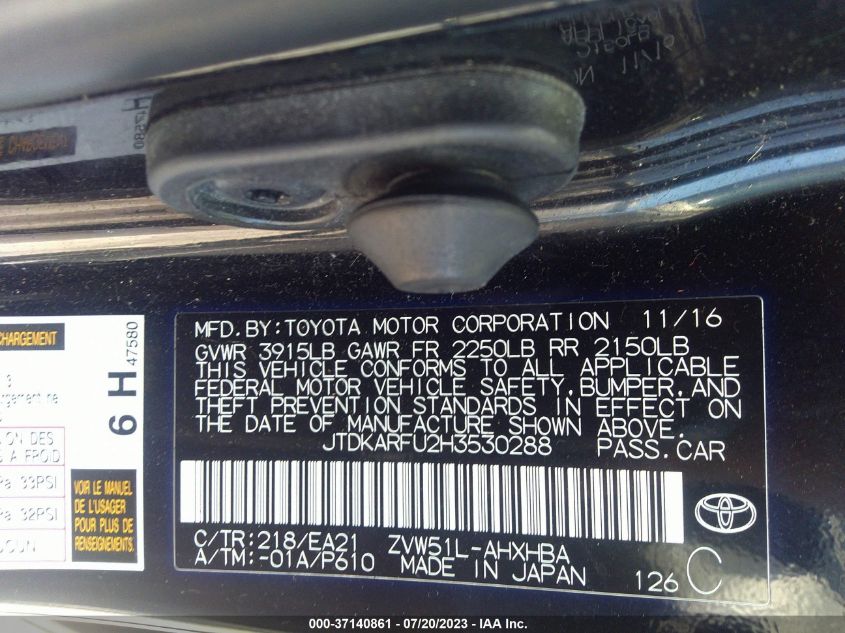 2017 TOYOTA PRIUS TWO/TWO ECO/THREE - JTDKARFU2H3530288