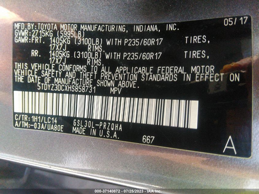 2017 TOYOTA SIENNA XLE AUTO ACCESS - 5TDYZ3DCXHS858731