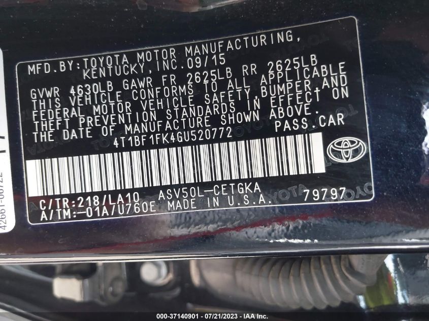 2016 TOYOTA CAMRY XLE/SE/LE/XSE - 4T1BF1FK4GU520772