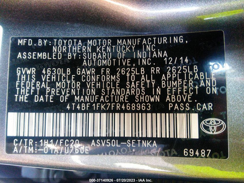 2015 TOYOTA CAMRY XLE/SE/LE/XSE - 4T4BF1FK7FR468963