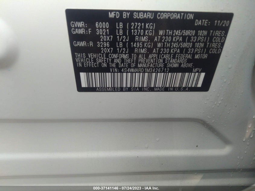 VIN 4S4WMARD1M3426712 2021 SUBARU ASCENT TOURING