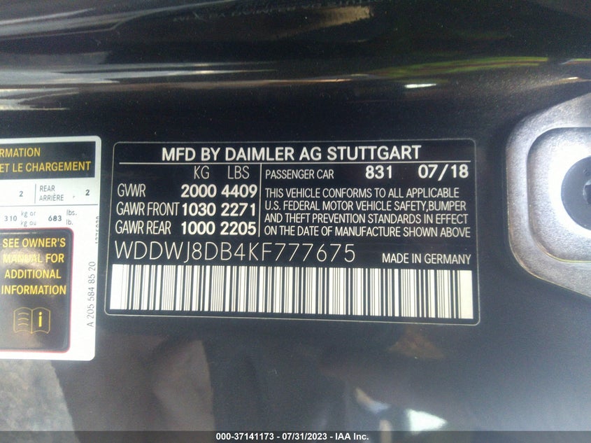 VIN WDDWJ8DB4KF777675 2019 MERCEDES-BENZ C-CLASS C 300